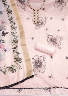 women's baby pink unstitched modal cotton dress material with banarasi dupatta 2