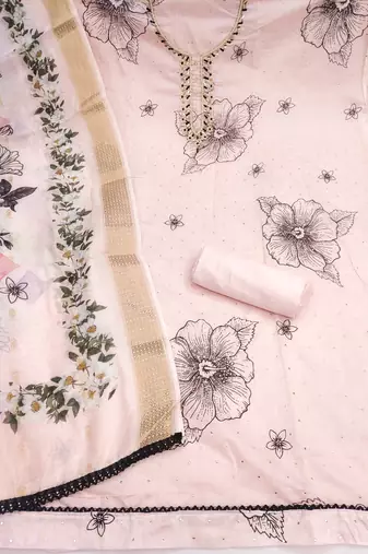 women's baby pink unstitched modal cotton dress material with banarasi dupatta