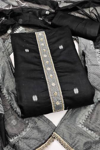 women's black unstitched pure banarasi cotton dress material with woven dupatta