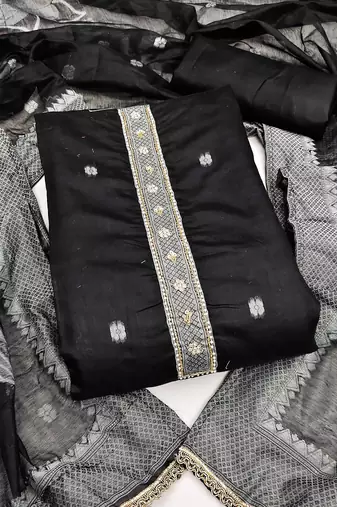 women's black unstitched pure banarasi cotton dress material with woven dupatta