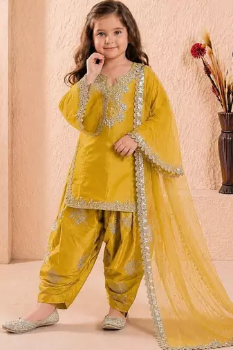 Designer party wear heavy silk kids top farshi plazzo & dupatta set