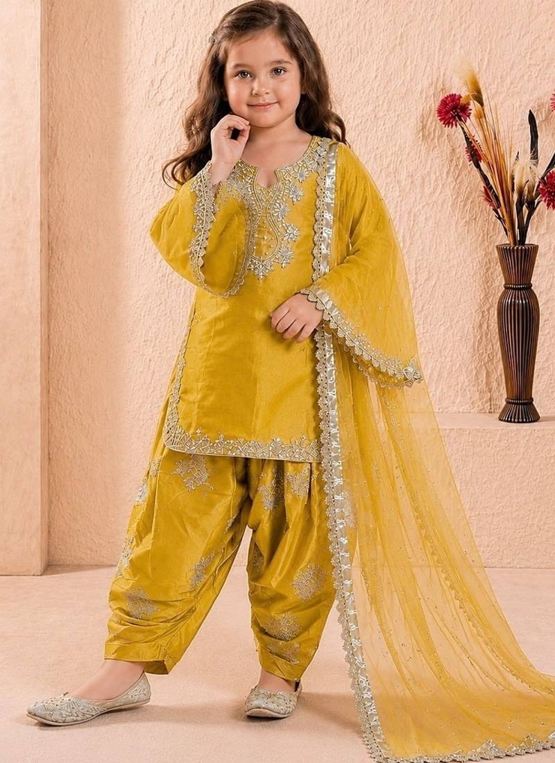 Designer party wear heavy silk kids top farshi plazzo & dupatta set