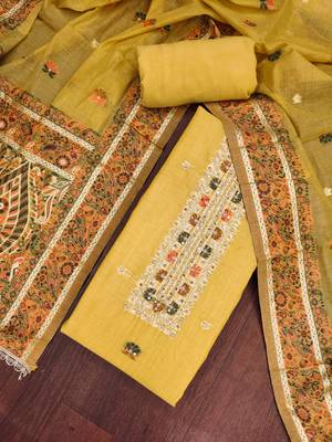 women's mustard unstitched banarasi cotton dress material with emblished dupatta 4