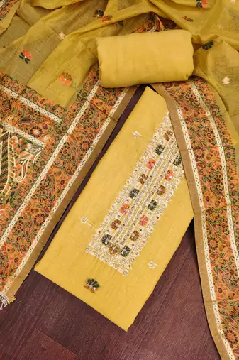 women's mustard unstitched banarasi cotton dress material with emblished dupatta