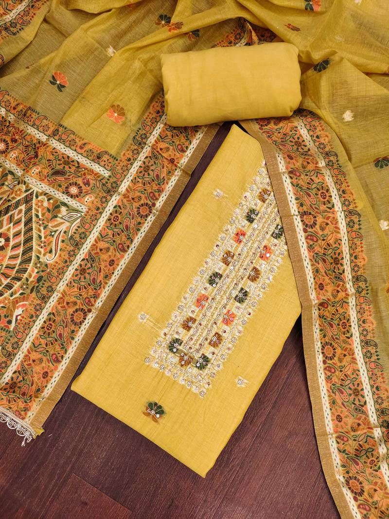 women's mustard unstitched banarasi cotton dress material with emblished dupatta