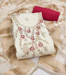 women's white unstitched pure banarasi cotton dress material with woven dupatta