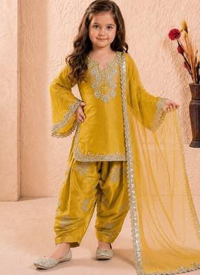 Designer party wear heavy silk kids top farshi plazzo & dupatta set 2