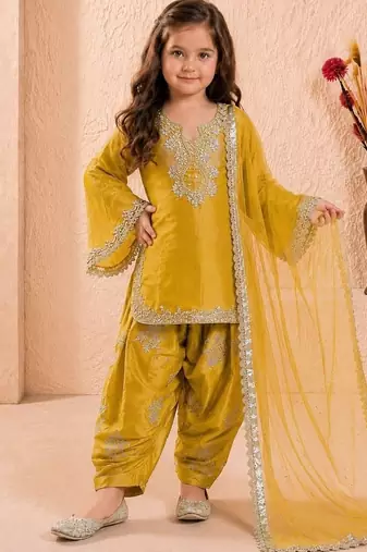 Designer party wear heavy silk kids top farshi plazzo & dupatta set