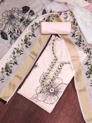 women's baby pink unstitched modal cotton dress material with banarasi dupatta 4