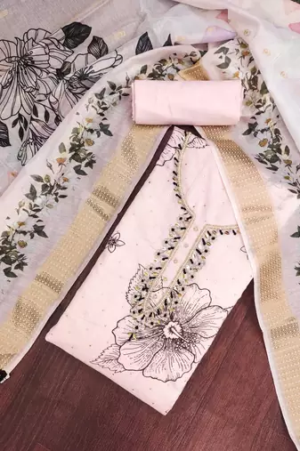 women's baby pink unstitched modal cotton dress material with banarasi dupatta