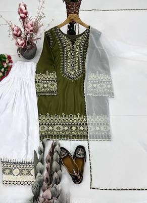 Mehendi heavy natural silk party wear embroidery suit set 4