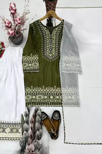Mehendi heavy natural silk party wear embroidery suit set