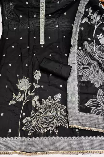 women's black unstitched pure banarasi cotton dress material with woven dupatta