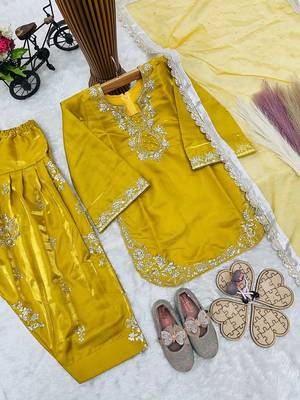 Designer party wear heavy silk kids top farshi plazzo & dupatta set 3