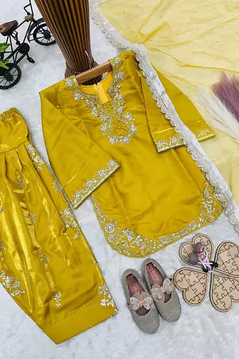 Designer party wear heavy silk kids top farshi plazzo & dupatta set
