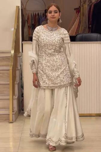 White faux georgette party wear embroidery suit set