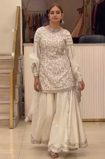 White faux georgette party wear embroidery suit set