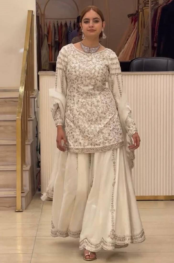 White faux georgette party wear embroidery suit set