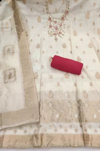 women's white unstitched pure banarasi cotton dress material with woven dupatta