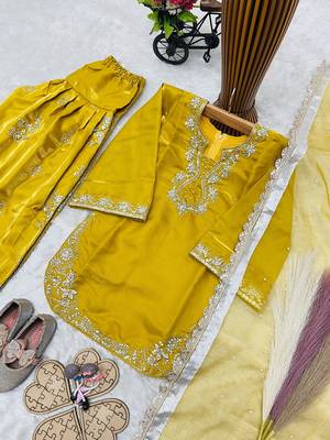 Designer party wear heavy silk kids top farshi plazzo & dupatta set 4