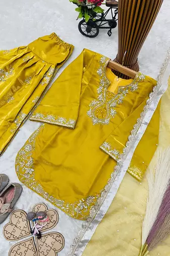Designer party wear heavy silk kids top farshi plazzo & dupatta set