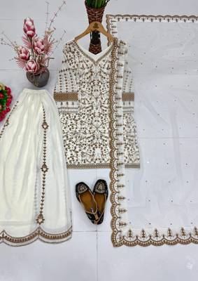 White faux georgette party wear embroidery suit set 3