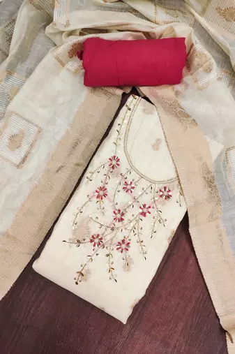 women's white unstitched pure banarasi cotton dress material with woven dupatta