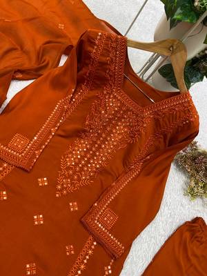 orange color embroidered and sequence wrok silk blend salwar suit 2
