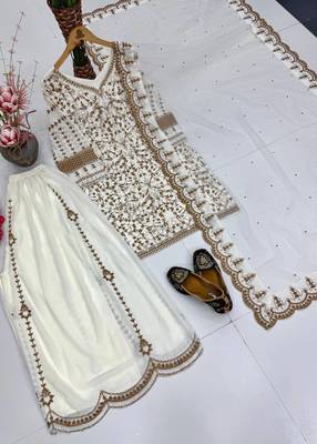White faux georgette party wear embroidery suit set 4