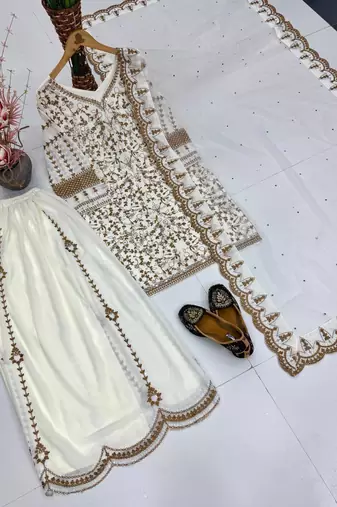 White faux georgette party wear embroidery suit set