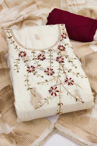 women's white unstitched pure banarasi cotton dress material with woven dupatta