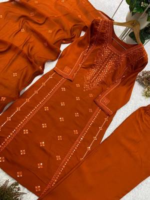 orange color embroidered and sequence wrok silk blend salwar suit 3