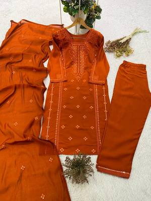 orange color embroidered and sequence wrok silk blend salwar suit 4