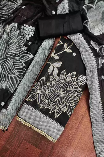 women's black unstitched pure banarasi cotton dress material with woven dupatta