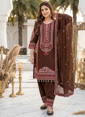 Brown heavy mal chanderi party wear embroidery suit set 1