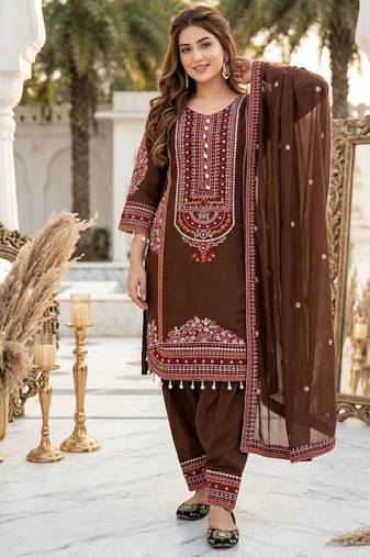 Brown heavy mal chanderi party wear embroidery suit set