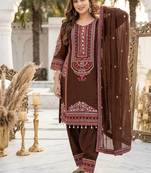 Brown heavy mal chanderi party wear embroidery suit set