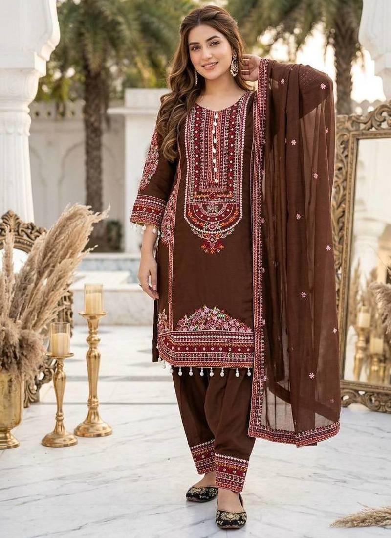 Brown heavy mal chanderi party wear embroidery suit set