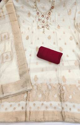 women's white unstitched pure banarasi cotton dress material with woven dupatta 2