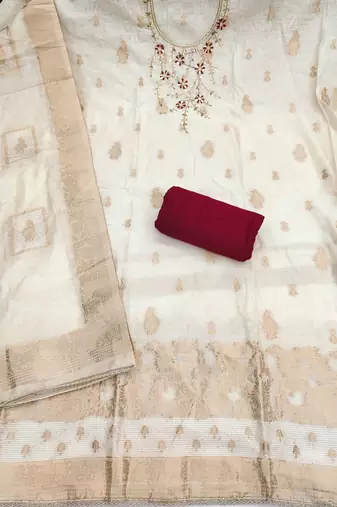 women's white unstitched pure banarasi cotton dress material with woven dupatta
