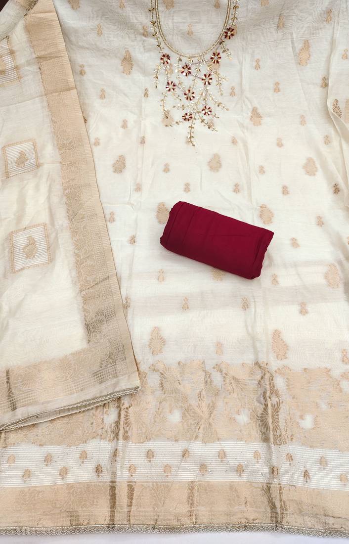women's white unstitched pure banarasi cotton dress material with woven dupatta