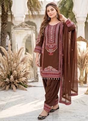 Brown heavy mal chanderi party wear embroidery suit set 2