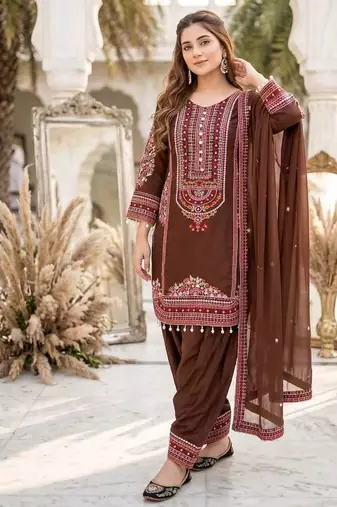 Brown heavy mal chanderi party wear embroidery suit set