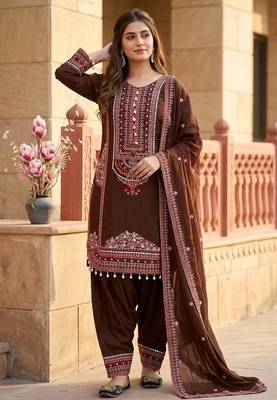 Brown heavy mal chanderi party wear embroidery suit set 3
