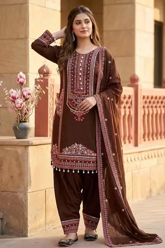 Brown heavy mal chanderi party wear embroidery suit set