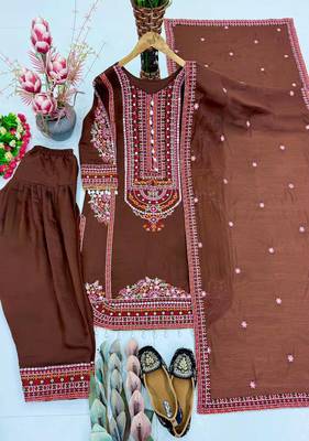 Brown heavy mal chanderi party wear embroidery suit set 4