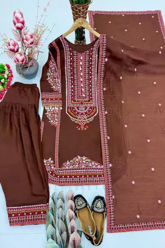 Brown heavy mal chanderi party wear embroidery suit set