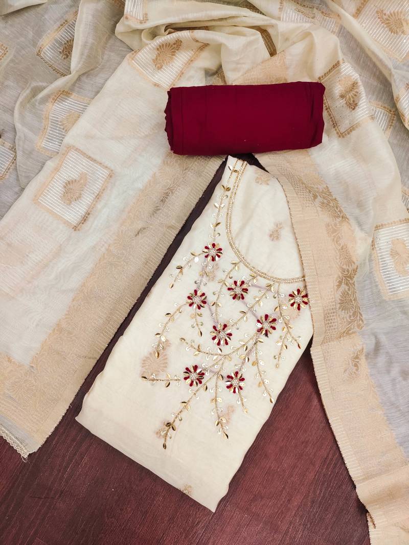 women's white unstitched pure banarasi cotton dress material with woven dupatta