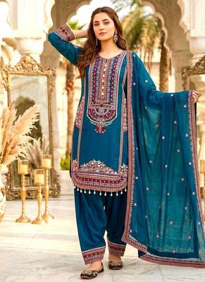 Sky blue heavy mal chanderi party wear embroidery suit set 1