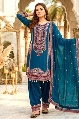 Sky blue heavy mal chanderi party wear embroidery suit set